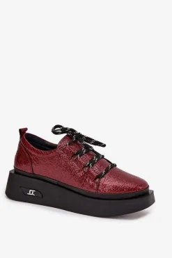 Skórzane Lakierowane Półbuty Damskie Na Platformie Artiker 57C2046 Bordowe