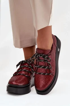 Skórzane Lakierowane Półbuty Damskie Na Platformie Artiker 57C2046 Bordowe
