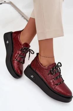 Skórzane Lakierowane Półbuty Damskie Na Platformie Artiker 57C2046 Bordowe