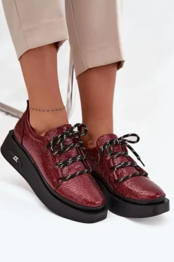 Skórzane Lakierowane Półbuty Damskie Na Platformie Artiker 57C2046 Bordowe