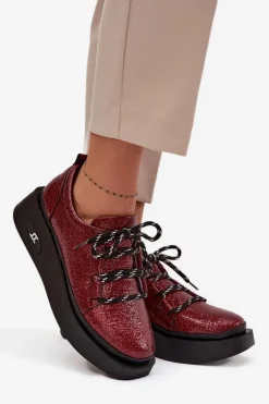 Skórzane Lakierowane Półbuty Damskie Na Platformie Artiker 57C2046 Bordowe