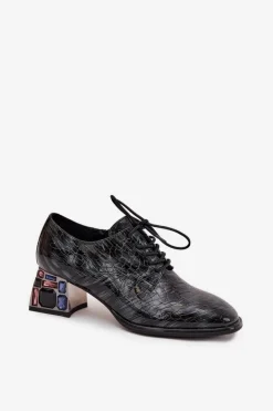 Skórzane Lakierowane Półbuty Damskie Na Obcasie Z Kryształkami Artiker 57C0072 Szare