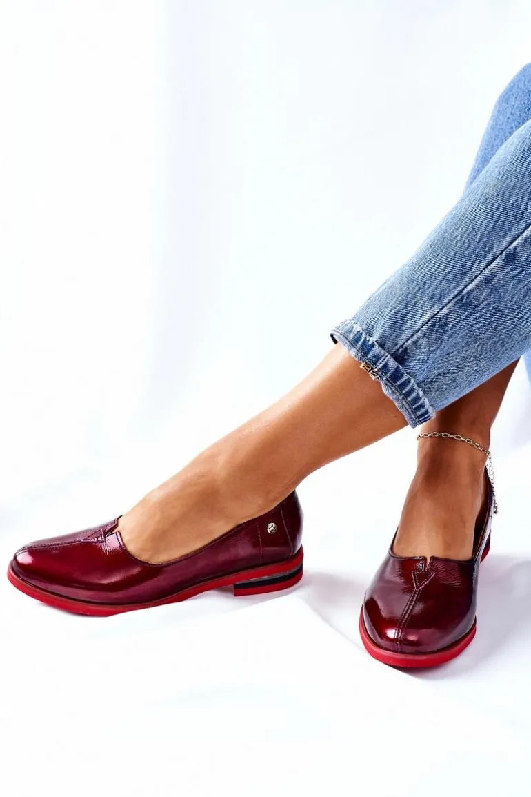 Skórzane Lakierowane Półbuty Maciejka 05035-23 Bordowe