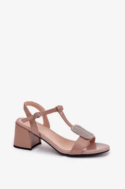 Skórzane Lakierowane Sandały Damskie Na Słupku Z Ozdobą Vinceza 91134 Beżowe