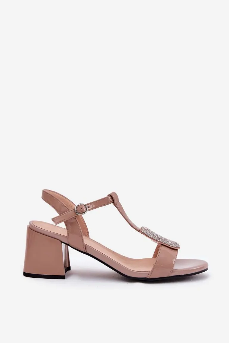 Skórzane Lakierowane Sandały Damskie Na Słupku Z Ozdobą Vinceza 91134 Beżowe