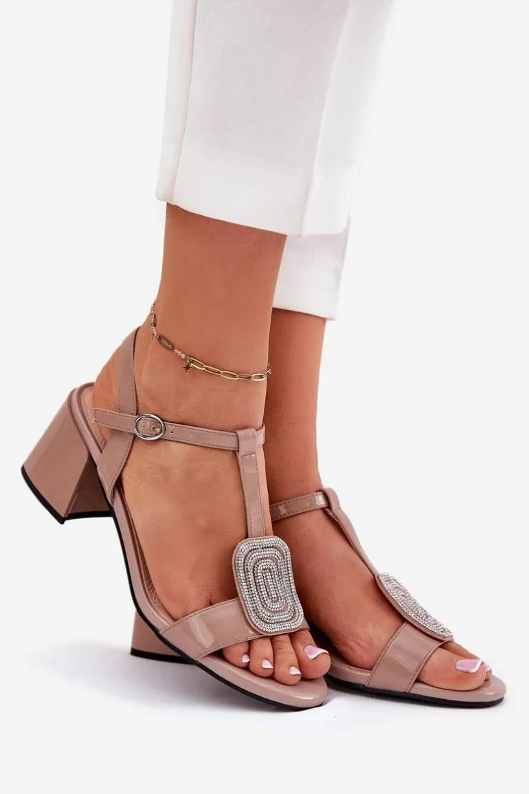 Skórzane Lakierowane Sandały Damskie Na Słupku Z Ozdobą Vinceza 91134 Beżowe