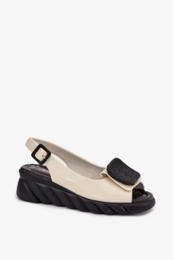 Skórzane Lakierowane Sandały Damskie Na Koturnie z Ozdobą Artiker 56C1567 Beżowe