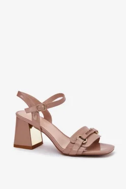 Skórzane Lakierowane Sandały Damskie Na Słupku Beżowe Mevonelle