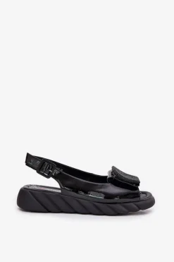 Skórzane Lakierowane Sandały Damskie Na Koturnie z Ozdobą Artiker 56C1564 Czarne