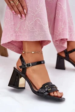 Skórzane Lakierowane Sandały Damskie Na Słupku Czarne Mevonelle