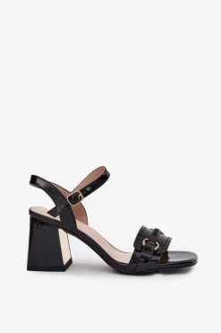 Skórzane Lakierowane Sandały Damskie Na Słupku Czarne Mevonelle