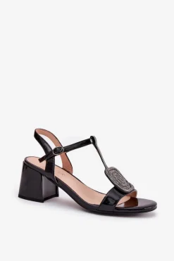 Skórzane Lakierowane Sandały Damskie Na Słupku Z Ozdobą Vinceza 91134 Czarne