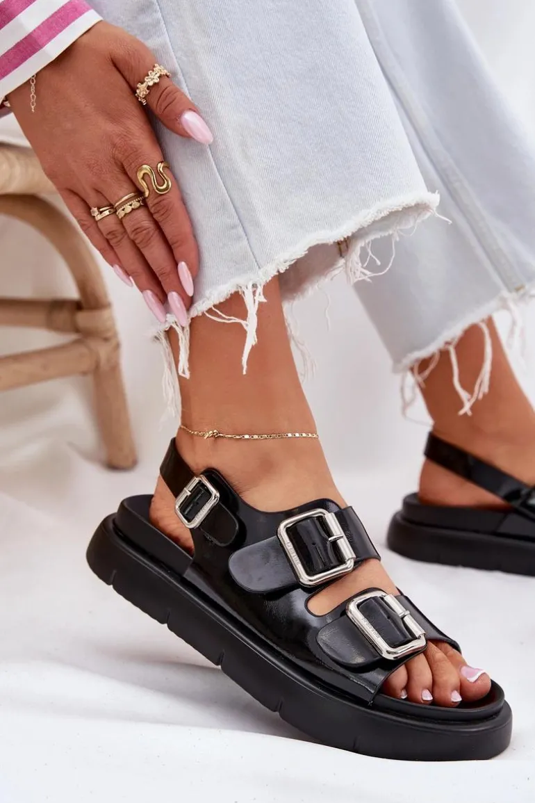 Skórzane Lakierowane Sandały Damskie Z Klamrami Big Star RR274662 Czarne