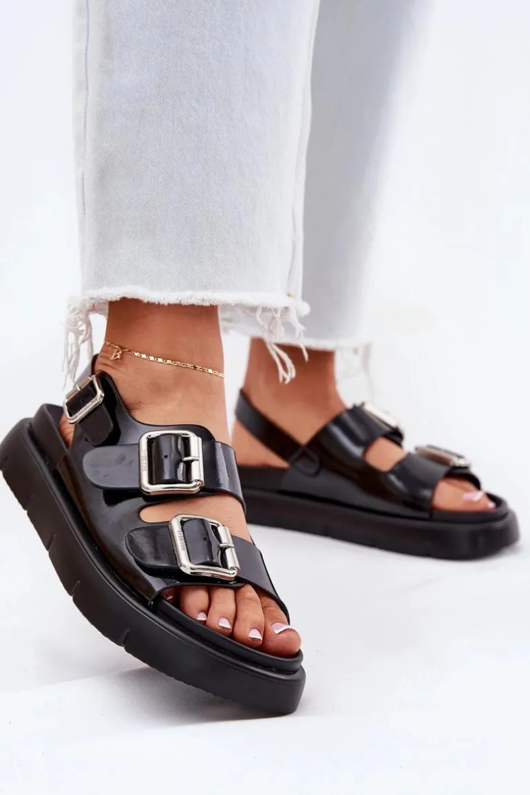 Skórzane Lakierowane Sandały Damskie Z Klamrami Big Star RR274662 Czarne