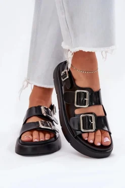 Skórzane Lakierowane Sandały Damskie Z Klamrami Big Star RR274662 Czarne