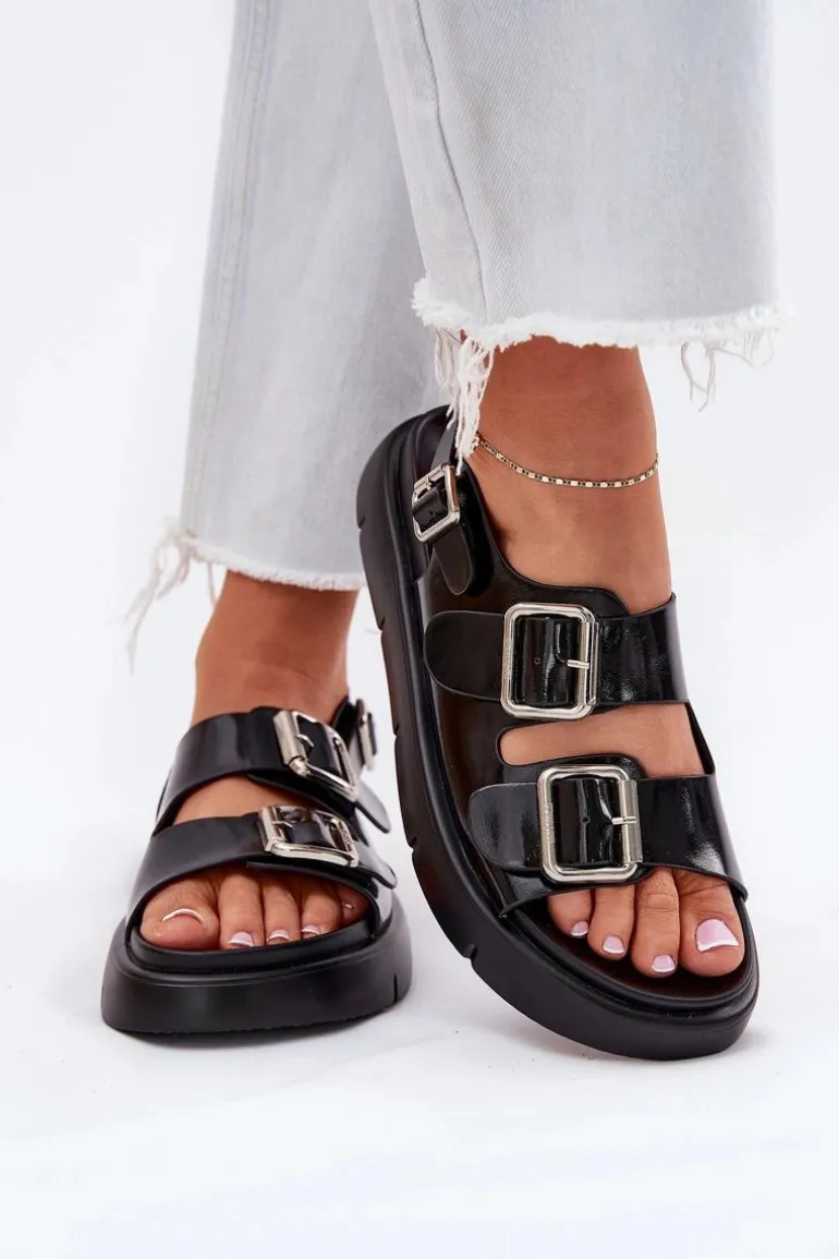 Skórzane Lakierowane Sandały Damskie Z Klamrami Big Star RR274662 Czarne