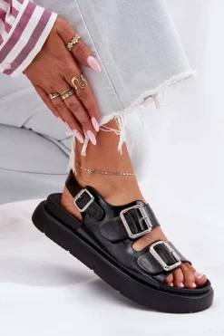 Skórzane Lakierowane Sandały Damskie Z Klamrami Big Star RR274662 Czarne