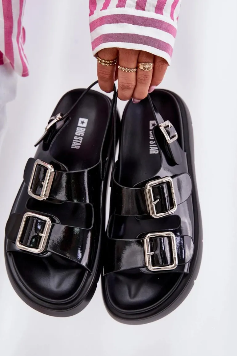 Skórzane Lakierowane Sandały Damskie Z Klamrami Big Star RR274662 Czarne