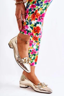 Skórzane Lakierowane Wężowe Czółenka Złote Elissabeth