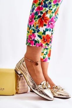 Skórzane Lakierowane Wężowe Czółenka Złote Elissabeth