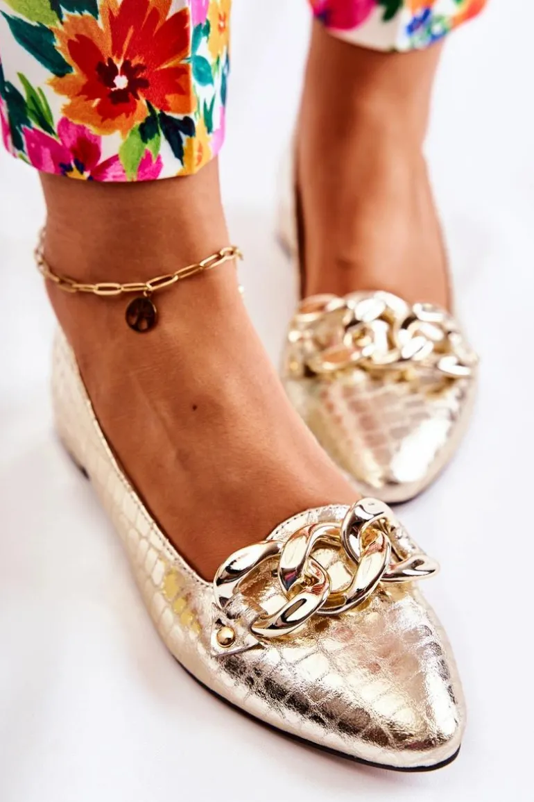 Skórzane Lakierowane Wężowe Czółenka Złote Elissabeth