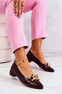 Skórzane Lakierowane Wężowe Czółenka Bordowe Elissabeth