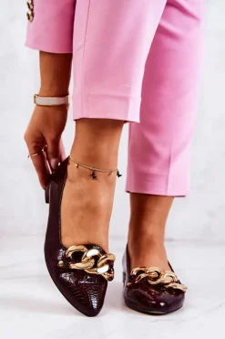 Skórzane Lakierowane Wężowe Czółenka Bordowe Elissabeth