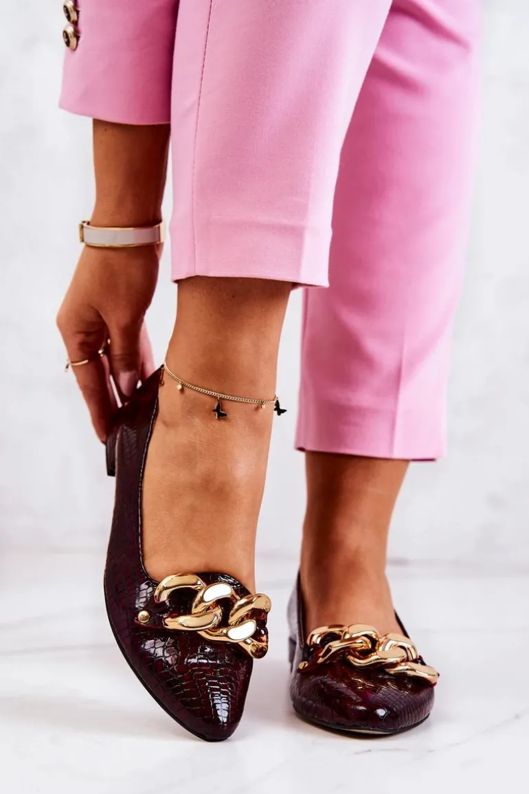 Skórzane Lakierowane Wężowe Czółenka Bordowe Elissabeth