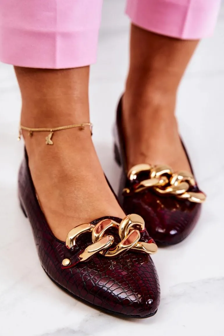 Skórzane Lakierowane Wężowe Czółenka Bordowe Elissabeth