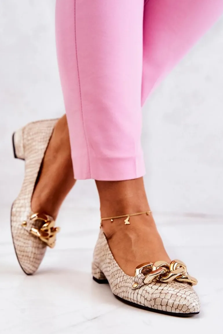 Skórzane Lakierowane Wężowe Czółenka Beżowe Elissabeth