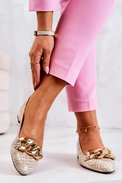 Skórzane Lakierowane Wężowe Czółenka Beżowe Elissabeth