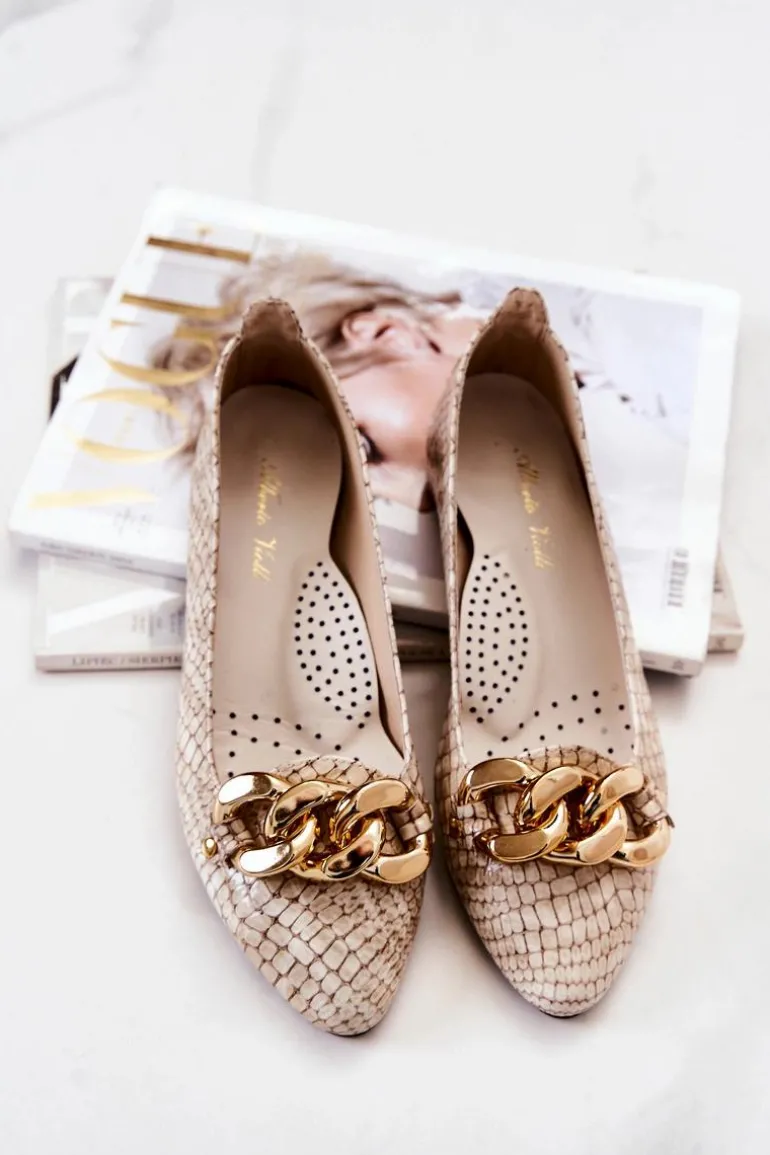 Skórzane Lakierowane Wężowe Czółenka Beżowe Elissabeth