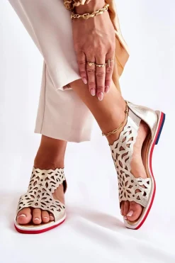 Skórzane Lekkie Ażurowe Sandały Złote Alima