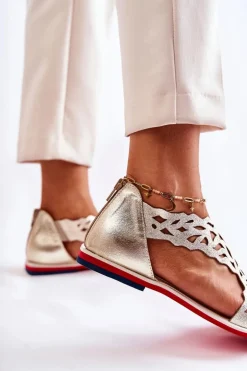 Skórzane Lekkie Ażurowe Sandały Złote Alima