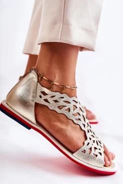 Skórzane Lekkie Ażurowe Sandały Złote Alima