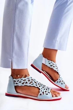 Skórzane Lekkie Ażurowe Sandały Jasnoniebieskie Alima