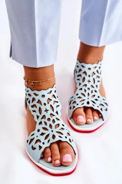 Skórzane Lekkie Ażurowe Sandały Jasnoniebieskie Alima