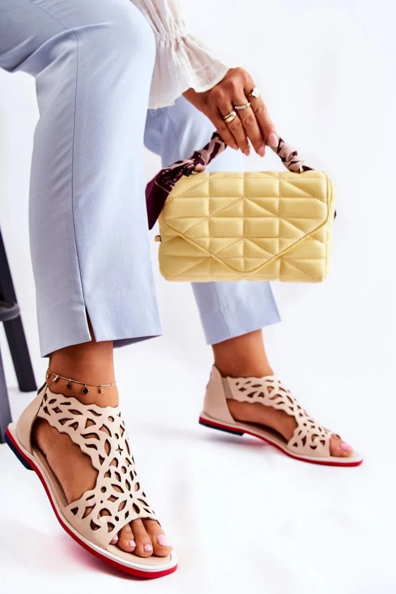 Skórzane Lekkie Ażurowe Sandały Beżowe Alima