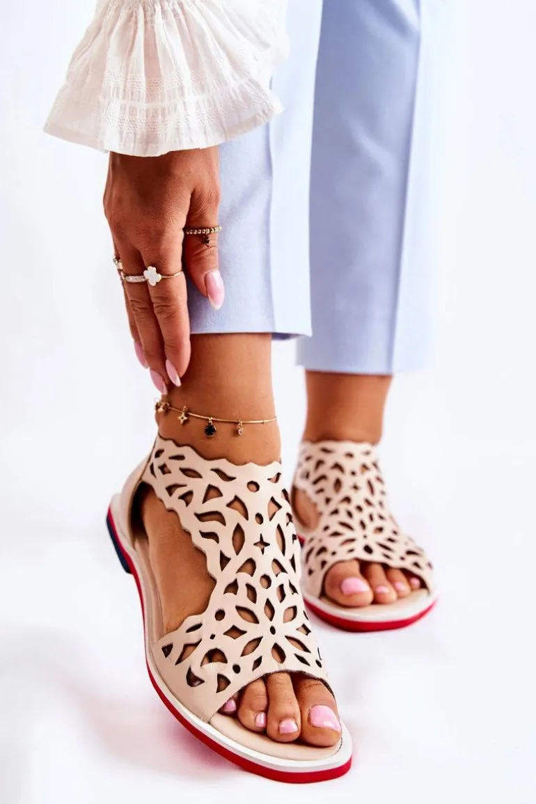 Skórzane Lekkie Ażurowe Sandały Beżowe Alima