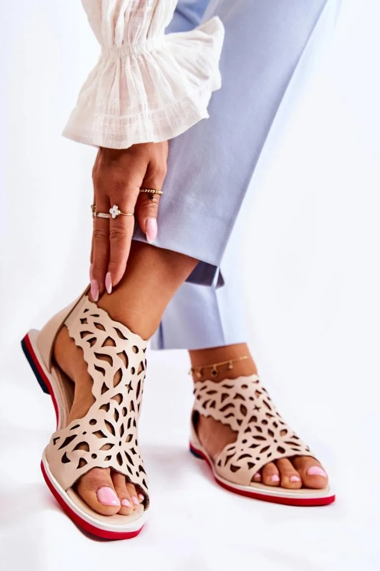 Skórzane Lekkie Ażurowe Sandały Beżowe Alima