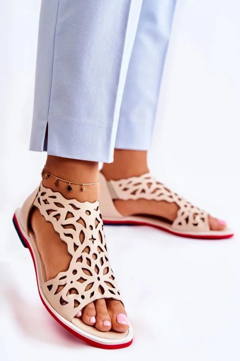 Skórzane Lekkie Ażurowe Sandały Beżowe Alima