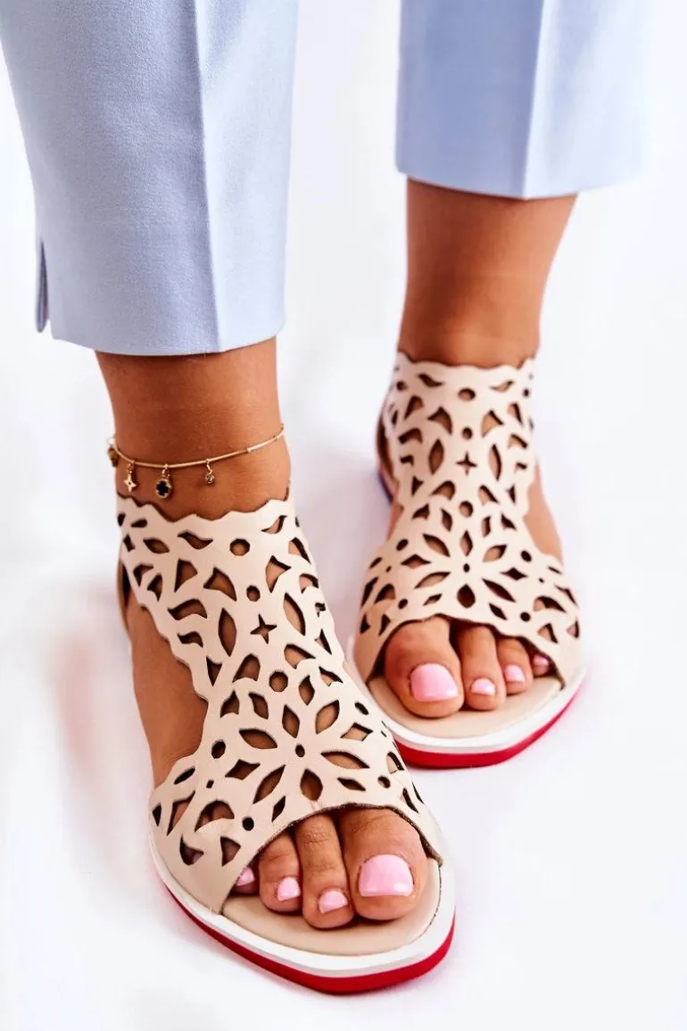 Skórzane Lekkie Ażurowe Sandały Beżowe Alima