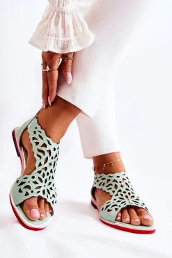 Skórzane Lekkie Ażurowe Sandały Zielone Alima