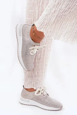 Skórzane Lekkie Półbuty Damskie Na Platformie Artiker 56C2113 Beżowo-Złote