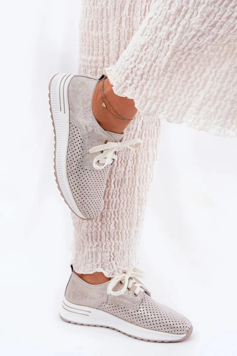 Skórzane Lekkie Półbuty Damskie Na Platformie Artiker 56C2113 Beżowo-Złote