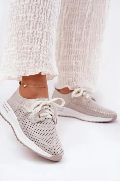 Skórzane Lekkie Półbuty Damskie Na Platformie Artiker 56C2113 Beżowo-Złote