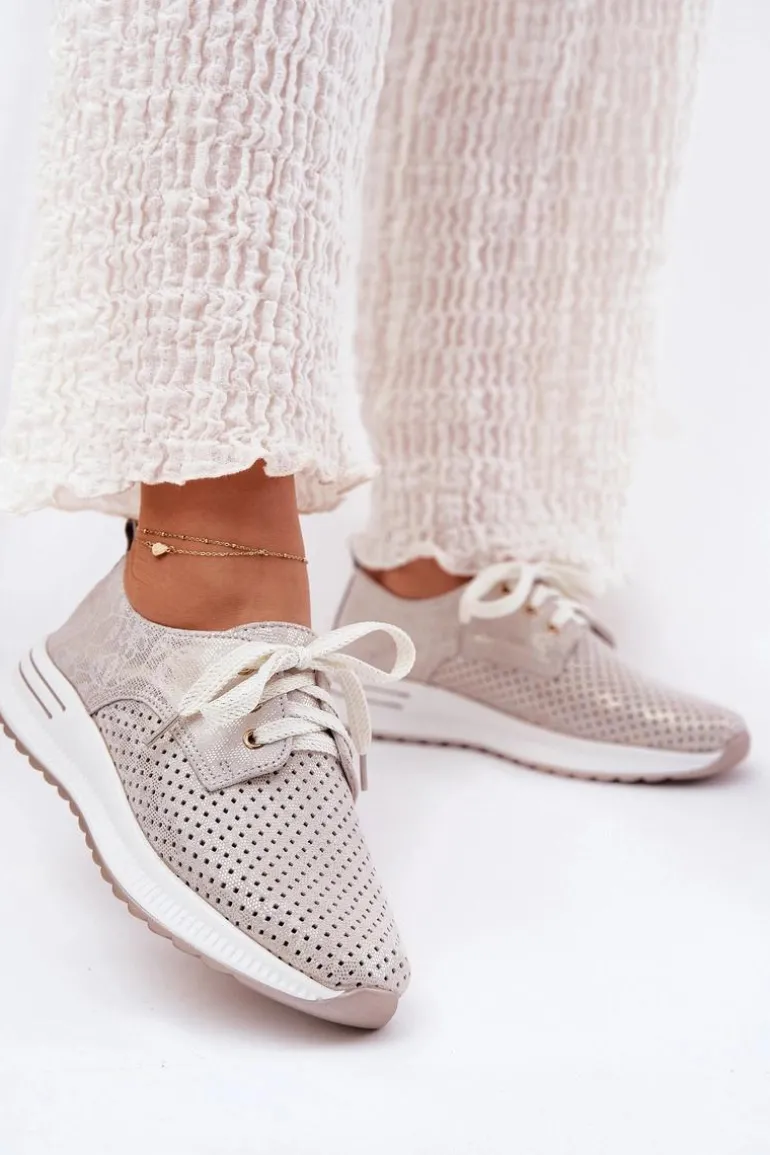 Skórzane Lekkie Półbuty Damskie Na Platformie Artiker 56C2113 Beżowo-Złote