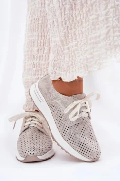 Skórzane Lekkie Półbuty Damskie Na Platformie Artiker 56C2113 Beżowo-Złote