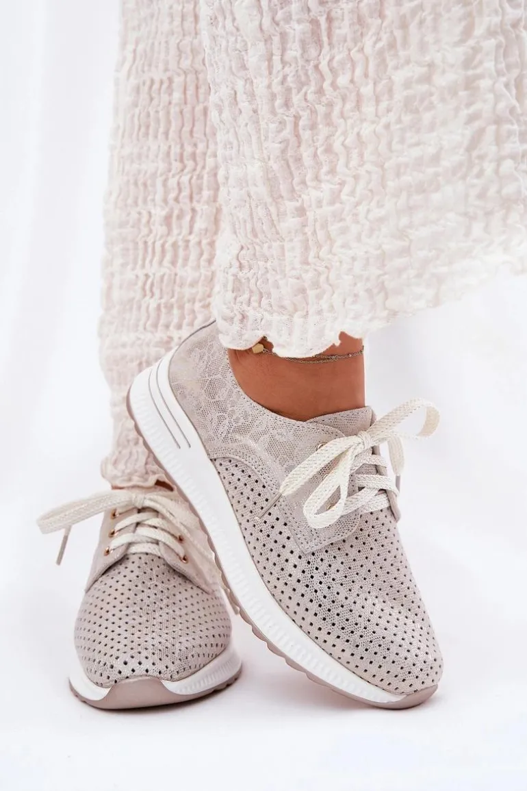 Skórzane Lekkie Półbuty Damskie Na Platformie Artiker 56C2113 Beżowo-Złote