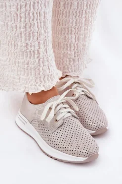 Skórzane Lekkie Półbuty Damskie Na Platformie Artiker 56C2113 Beżowo-Złote